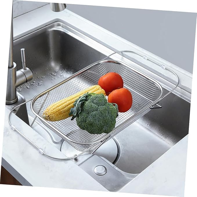Over-the-Sink Colander Strainer Basket – Adjustable Stainless Steel Drain Rack
